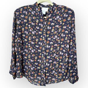Vintage Carry Back Blue Floral button-down collared Shirt Size 14 100% polyester